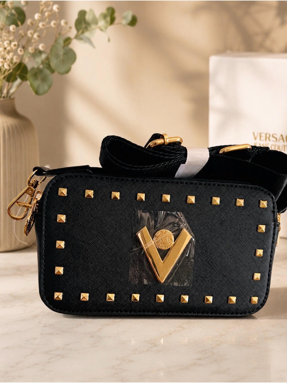 Valentino Orlandi Vegan Leather Crossbody with Gold Studs and V Emblem